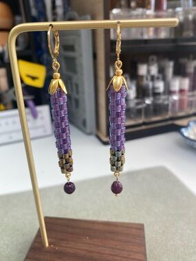 Handmade Purple Seed Bead Drop Earrings with Gold Accents